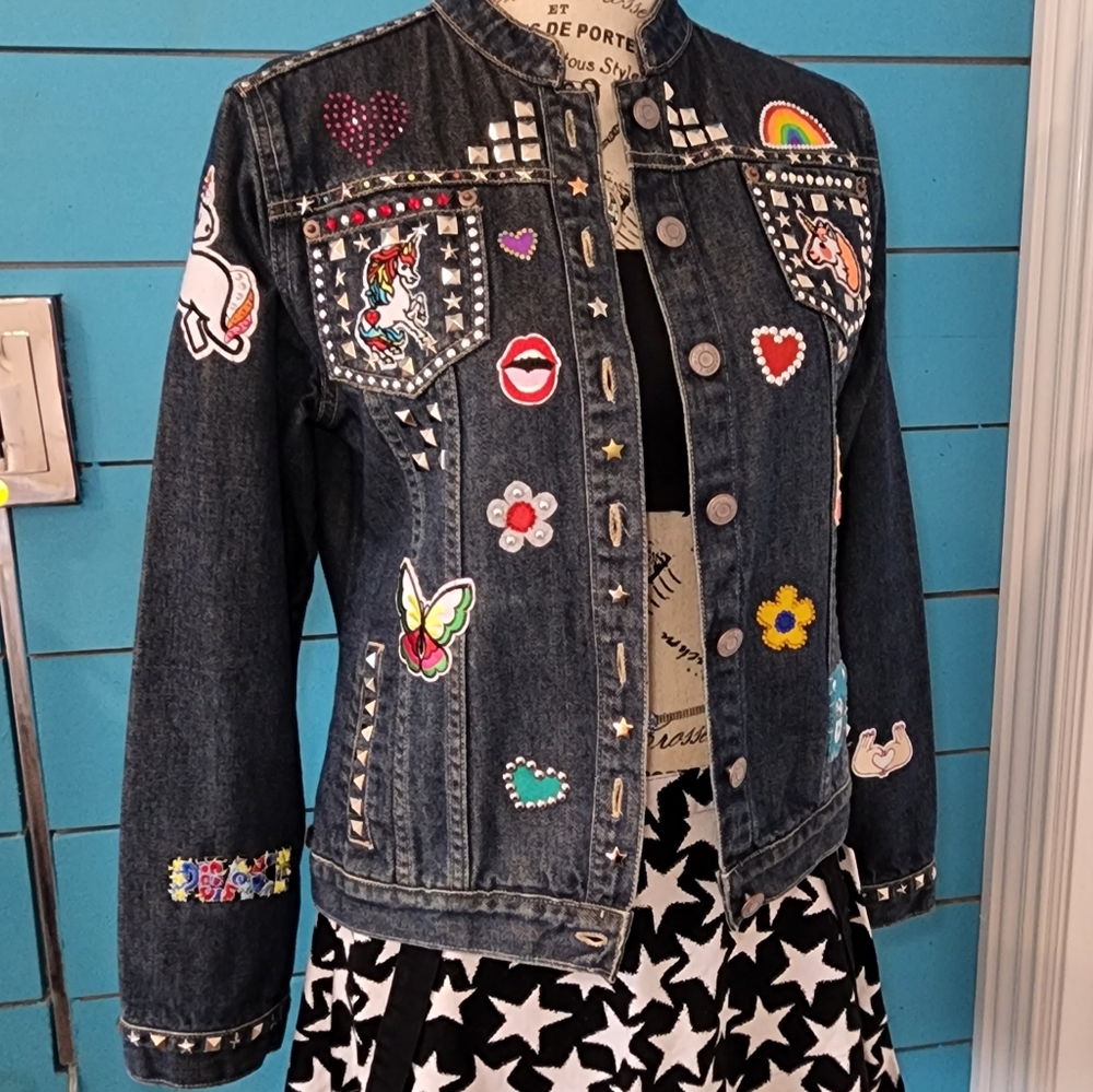Upcycled Unicorn Patch Jean Jacket Studs Rhinston… - image 2
